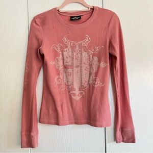 Harley Davidson Pink Waffle Knit Long Sleeve Tattoo Rhinestone Bedazzled Top Y2K
